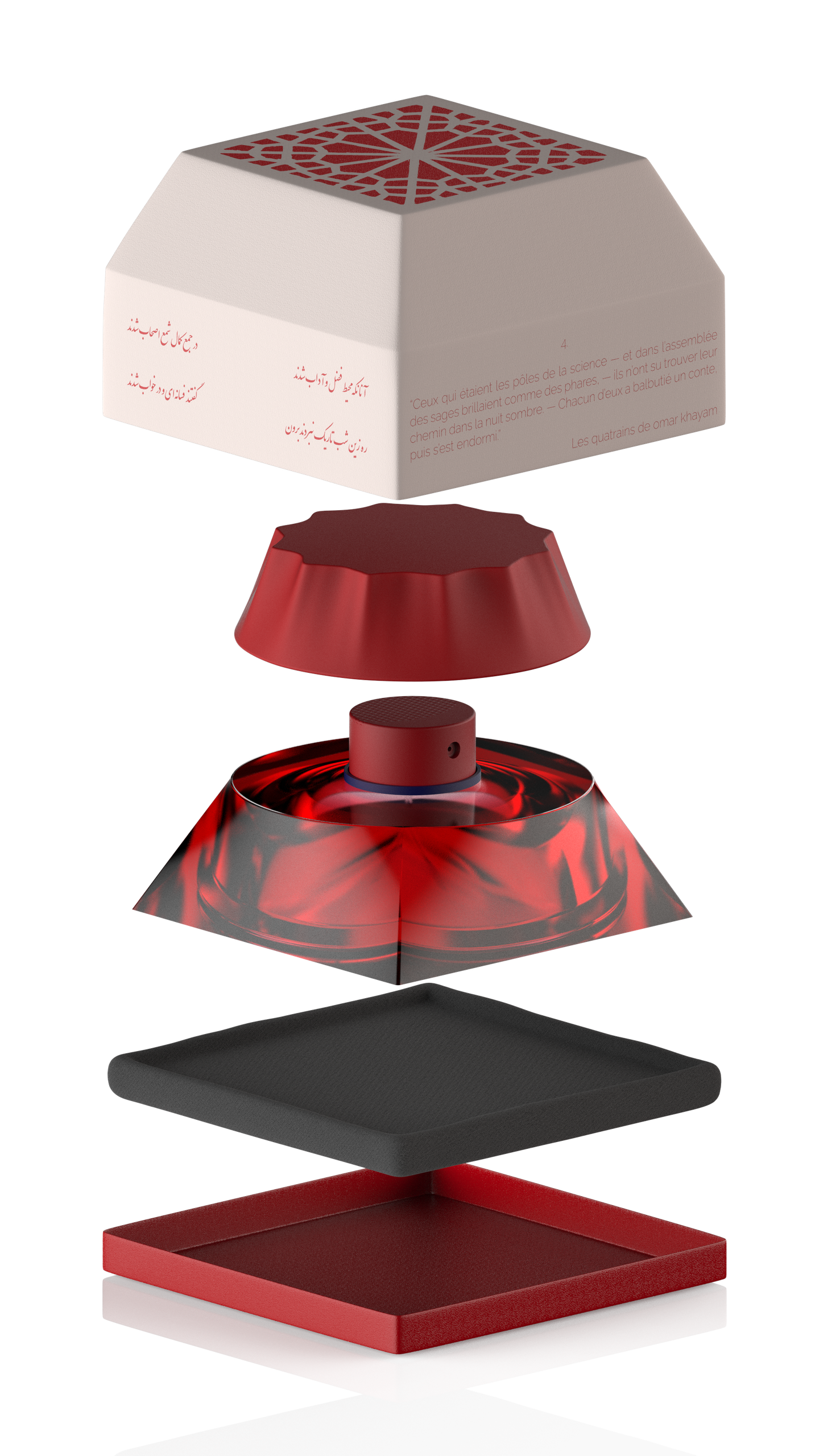 Vue éclatée du packaging du parfum Orosi montrant la superposition géométrique
