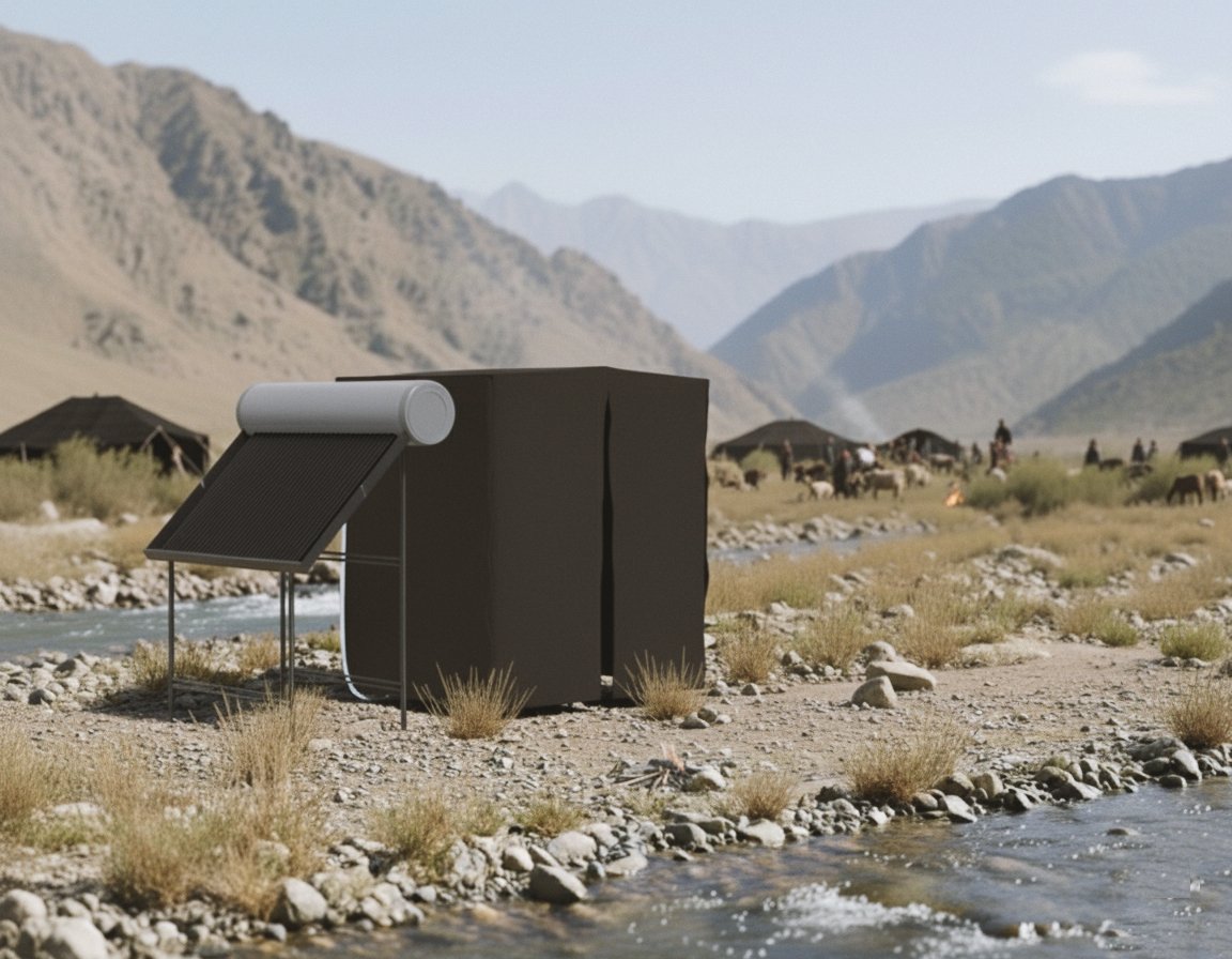Rendu 3D final de la cabine de douche portable et modulable avec système solaire
