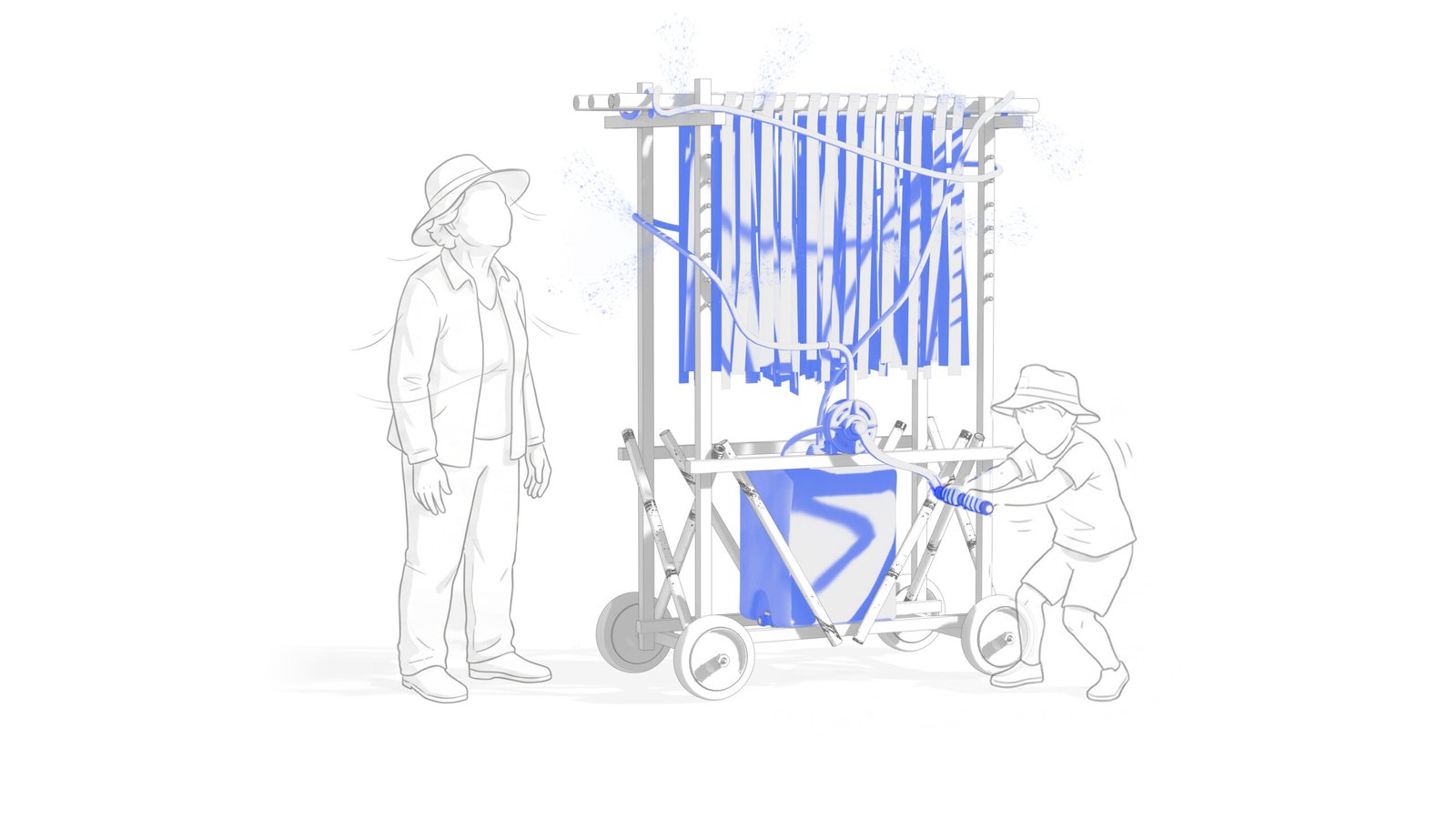 Schéma d'une station mobile écologique créant un rafraîchissement naturel par évaporation